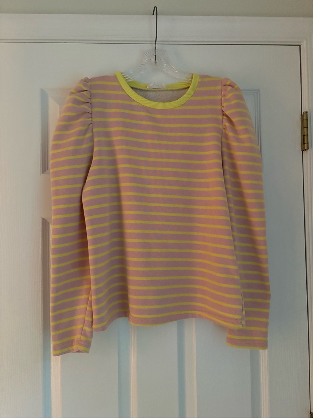 AnnieWear Los Angeles Striped Puff Sleeve Pullover Top in Pink & Yellow